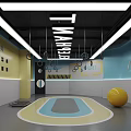 School Indoor Fitness Room Featuring Hanging Rings Yellow Exercise Ball And Colorful Floor Area
