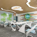 School Qingya Dream Building Center Modern Interior With White Curved Tables Blue Chairs And Bookshelves