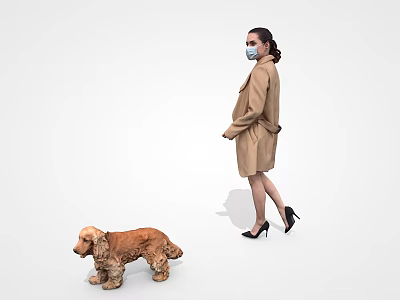 Woman wearing mask and high heels in beige coat walking with brown dog 3d model