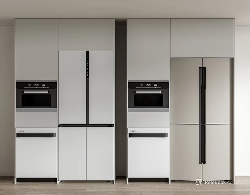 Modern Refrigerators And Freezers In Open Kitchen Interior With Cabinetry And Ovens 3d model 