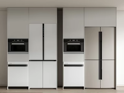 Modern Refrigerators And Freezers In Open Kitchen Interior With Cabinetry And Ovens 3d model