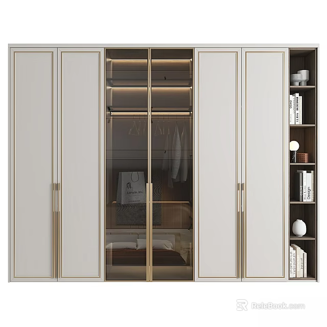 Modern Minimalist Wardrobe Design With Glass Doors Hanging Area And Side Bookshelf Decor Items 3d model 