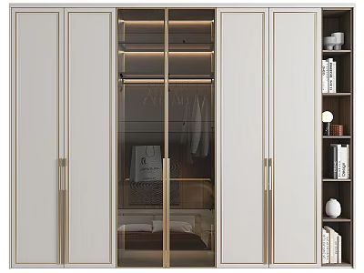 Modern Minimalist Wardrobe Design With Glass Doors Hanging Area And Side Bookshelf Decor Items 3d model