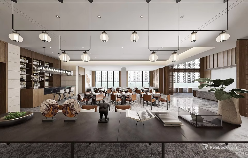 Modern Leisure Area Interior Design With Pendant Lights Cozy Sofas Wooden Tables And Green Plants 3d model 