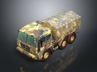 Military Camouflage Transport Truck With Six Wheel Design And Covered Cargo Bed 3d model