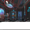 Futuristic Bar With Neon Red Lighting Round Bar Counter Hi tech Decor And Reflective Floor