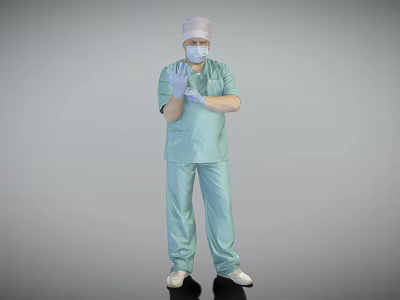 A Man Wearing Green Scrub Suit Surgical Cap Face Mask And White Gloves 3d model