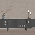 Modern Gray TV Stand with Drawers Round Knobs Vase and Candle Holders 3d model