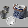 Elegant Blue And White Geometric Pattern Teapot With Orange Handle And Two Cups