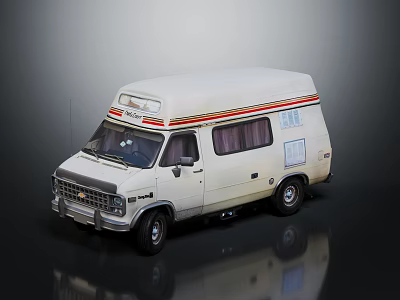Vintage White Chevrolet Van With Red Orange Stripes And Window Curtains 3d model