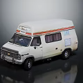 Vintage White Chevrolet Van With Red Orange Stripes And Window Curtains