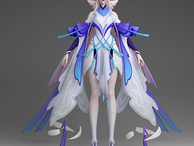 Fantasy Game Character Wearing White Blue Dress With Purple Accents Flowing Skirt And Wing Elements 3d model