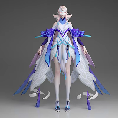 Fantasy Game Character Wearing White Blue Dress With Purple Accents Flowing Skirt And Wing Elements 3d model