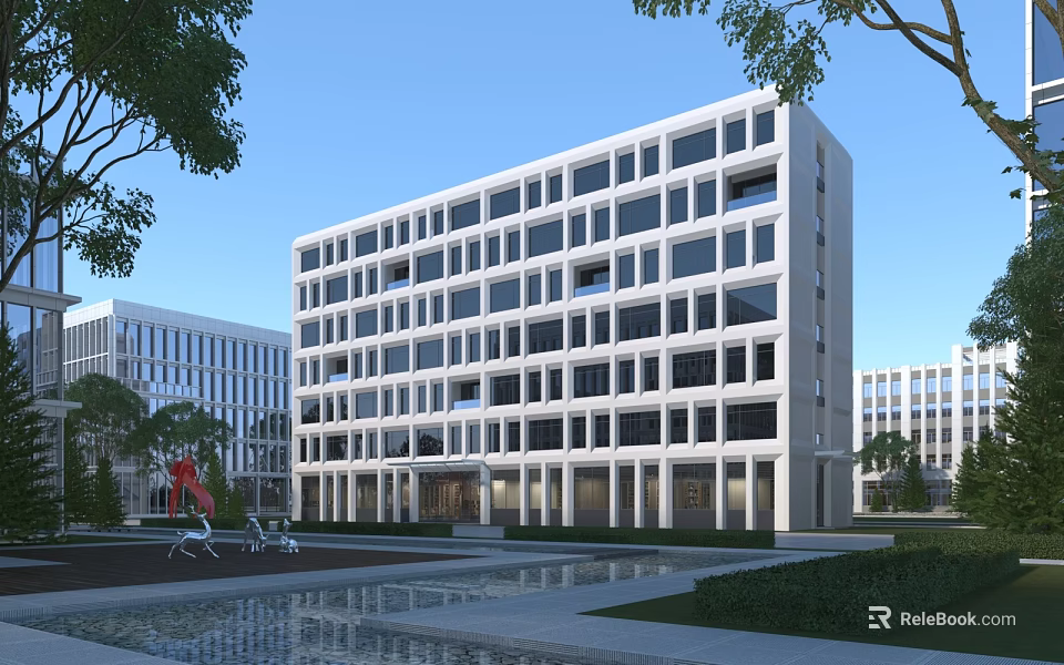 Modern White Multi storey School Building With Large Glass Windows Square Sculpture Pool And Green Trees 3d model 