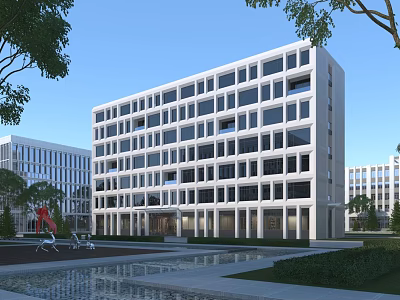 Modern White Multi storey School Building With Large Glass Windows Square Sculpture Pool And Green Trees 3d model