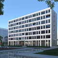 Modern White Multi storey School Building With Large Glass Windows Square Sculpture Pool And Green Trees