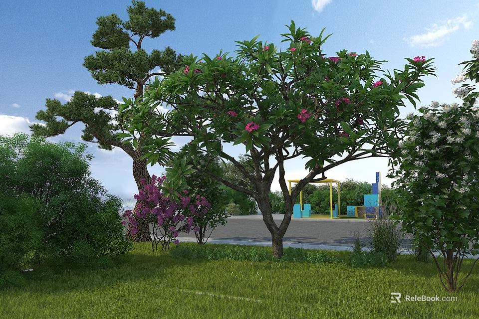 Garden Landscape With Pine Tree Pink Flowering Tree Purple Flowers Green Lawn And Blue Benches 3d model 