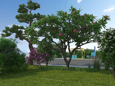 Garden Landscape With Pine Tree Pink Flowering Tree Purple Flowers Green Lawn And Blue Benches 3d model