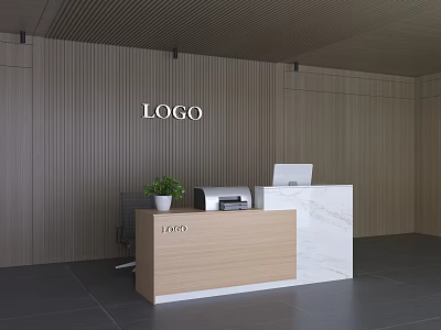 Modern Reception Desk With Wooden Marble Top Against Wooden Wall LOGO Laptop Printer Green Plant 3d model