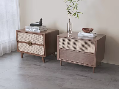Retro Solid Wood Rattan Woven Bedside Tables For Modern Minimalist Bedroom Storage And Home Decor 3d model