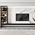Modern TV Background Wall Design With Marble Texture Wooden Accents And Built-in Shelves
