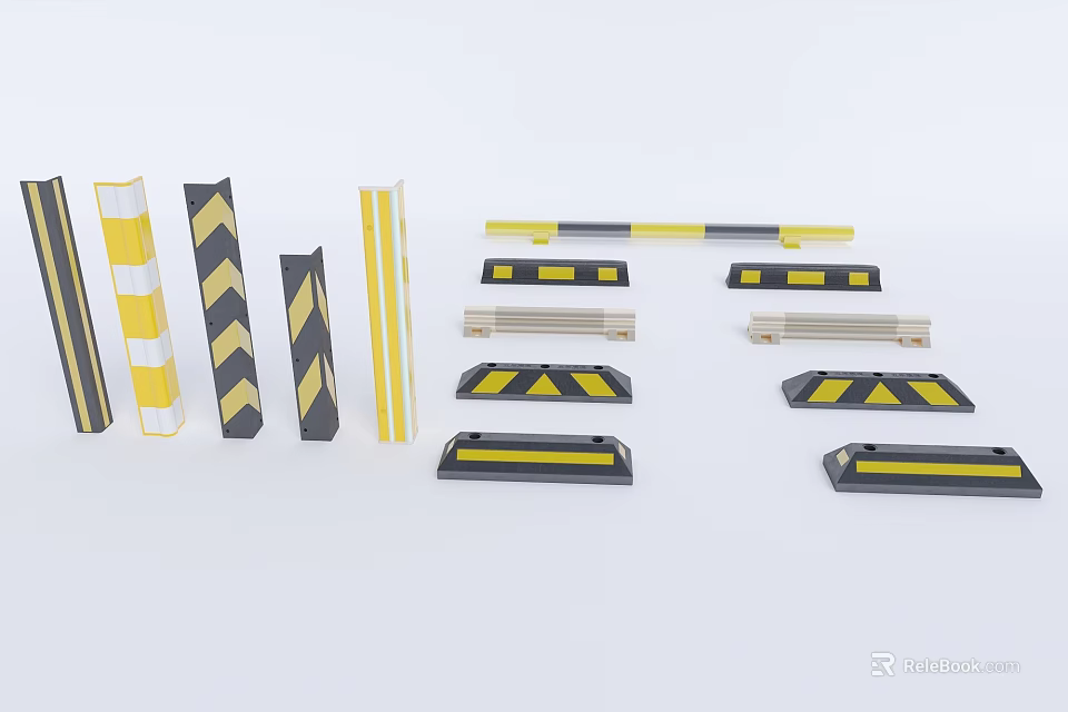 Public Traffic Safety Facilities With Yellow Black Striped Barriers And Speed Bumps 3d model 