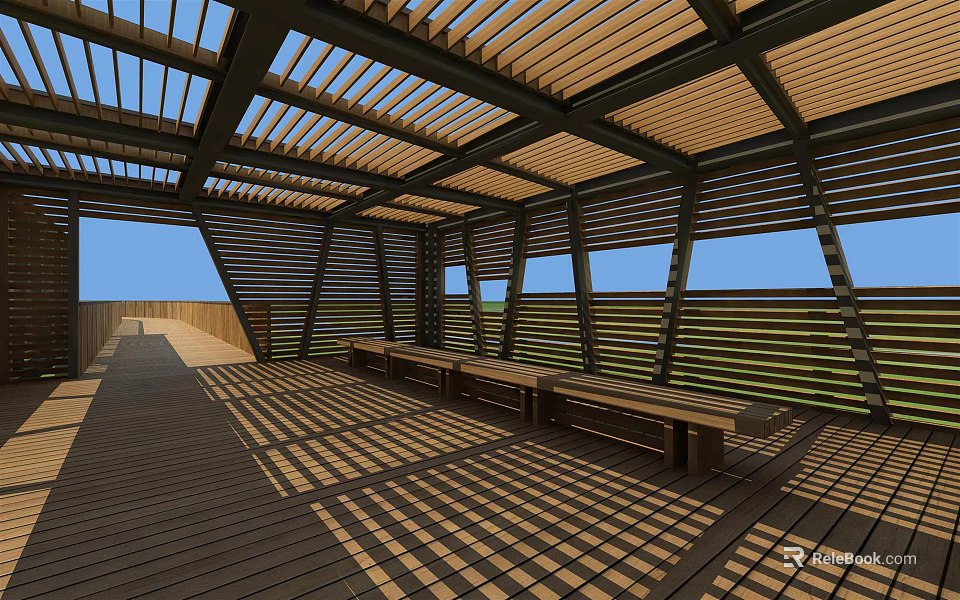 Roadside Rest Facility Featuring Wooden Latticed Roof Benches and Open Design 3d model 