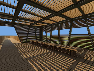 Roadside Rest Facility Featuring Wooden Latticed Roof Benches and Open Design 3d model