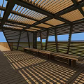 Roadside Rest Facility Featuring Wooden Latticed Roof Benches and Open Design