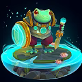Frog Warrior Character With Armor Shield And Sword Standing On Lily Pad With Lotus Flowers