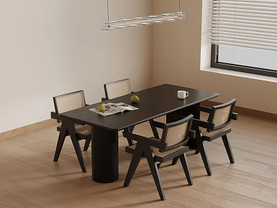 Black Dining Table Set With Cylindrical Legs Four Woven Chairs Wooden Floor And Pendant Light 3d model