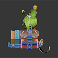 Cute Cartoon Character Figurines With Purple Pink Green Hairs And Geometric Patterned Boxes