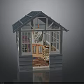 Small Garden Greenhouse Interior With Wooden Frame Glass Roof Open Door And Furniture