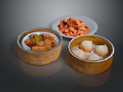 Traditional Chinese Food in Bamboo Steamers with Dumplings Braised Meat and Cold Vegetable Dish 3d model