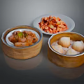 Traditional Chinese Food in Bamboo Steamers with Dumplings Braised Meat and Cold Vegetable Dish