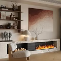 Modern Fireplace Interior With Marble Surround Artwork Decorative Shelves Floor Lamp And Accent Chair