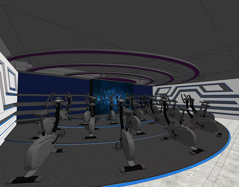 Modern Fitness Studio With Spin Bikes Blue Background Screen And Circular Lighting 3d model 