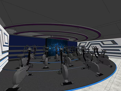 Modern Fitness Studio With Spin Bikes Blue Background Screen And Circular Lighting 3d model