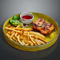 Grilled Chicken Served With French Fries Lettuce And Red Sauce On Yellow Plate