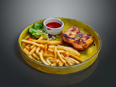 Grilled Chicken Served With French Fries Lettuce And Red Sauce On Yellow Plate 3d model