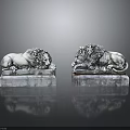 Pair of Classical Stone Lion Sculptures Reclining On Decorative Pedestals