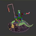 Red Horned Demon Figure Holding Gun With Octopus Tentacles And Traffic Light On Rock Base