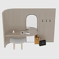 Modern Walk In Closet With Light Wood Paneling Arched Mirror Round Table And White Stool