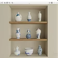 Traditional Ceramic Vessels With Blue White Patterns Displayed On Wooden Shelves For Home Decor