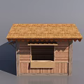 Wooden Outdoor Kiosk Structure With Brown Shingle Roof And Window Counter