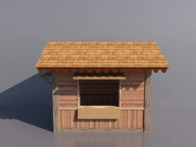 Wooden Outdoor Kiosk Structure With Brown Shingle Roof And Window Counter 3d model