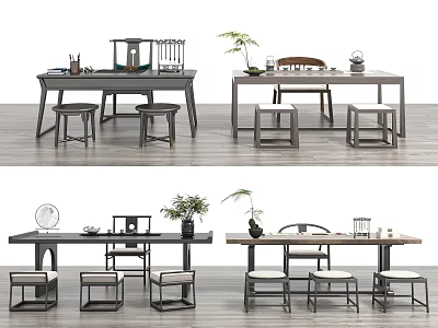 Traditional Chinese Tea Table and Chairs with Tea Sets Potted Plants and Wooden Design 3d model
