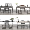 Traditional Chinese Tea Table and Chairs with Tea Sets Potted Plants and Wooden Design