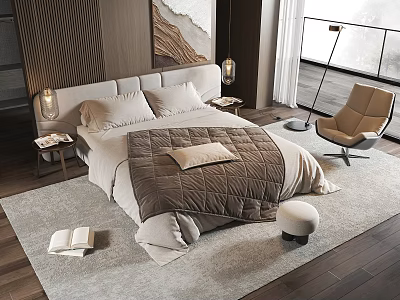 Modern Bedroom Interior Design With Cozy Bed Lamps Wooden Nightstands Soft Rug And Accent Chair 3d model