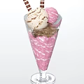 Swirled Ice Cream Scoop In Pink Cone Glass Cup With Chocolate Striped Sticks